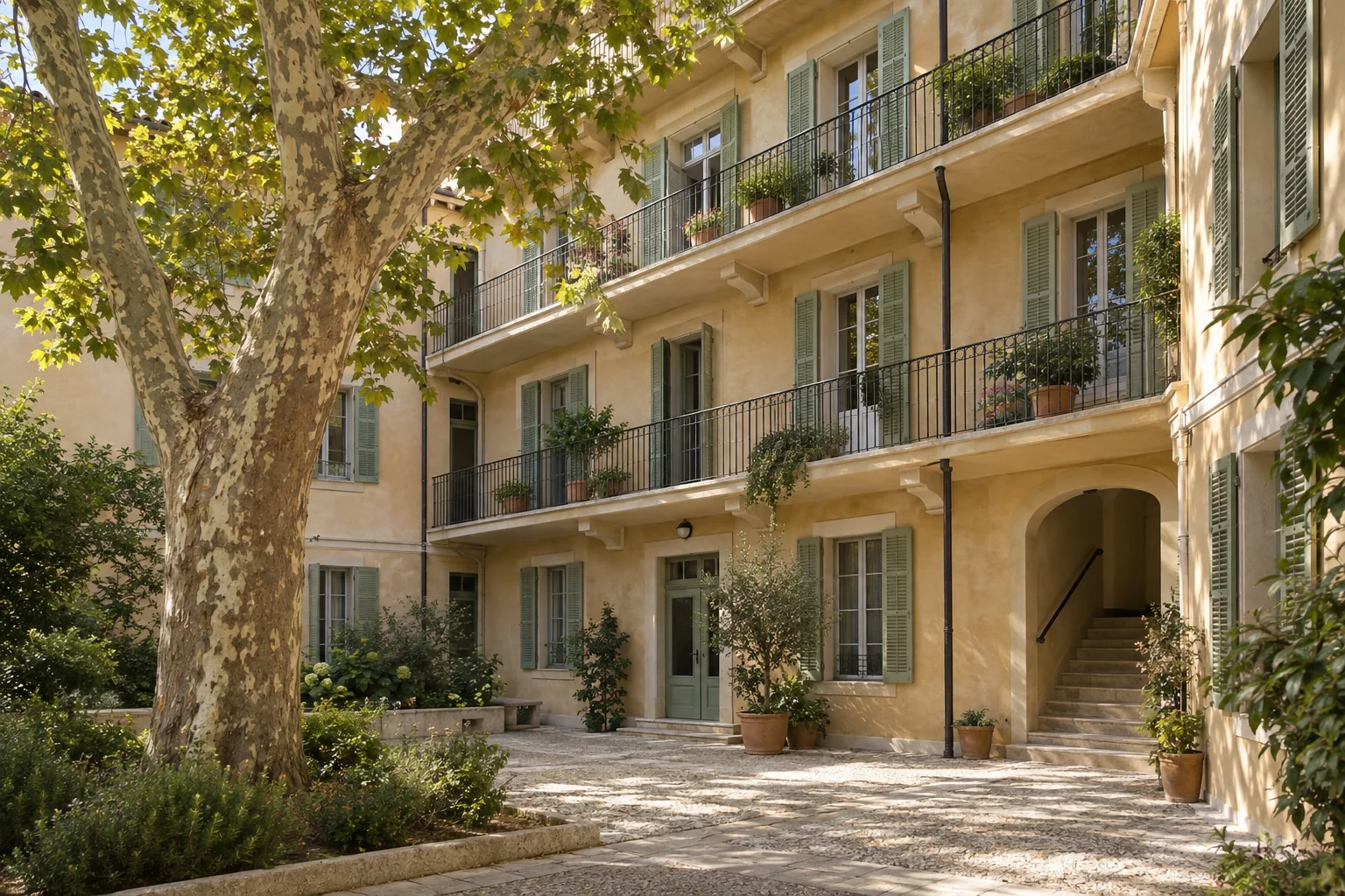 Illustration d’une cour de copropriété provençale aux volets vert sauge
