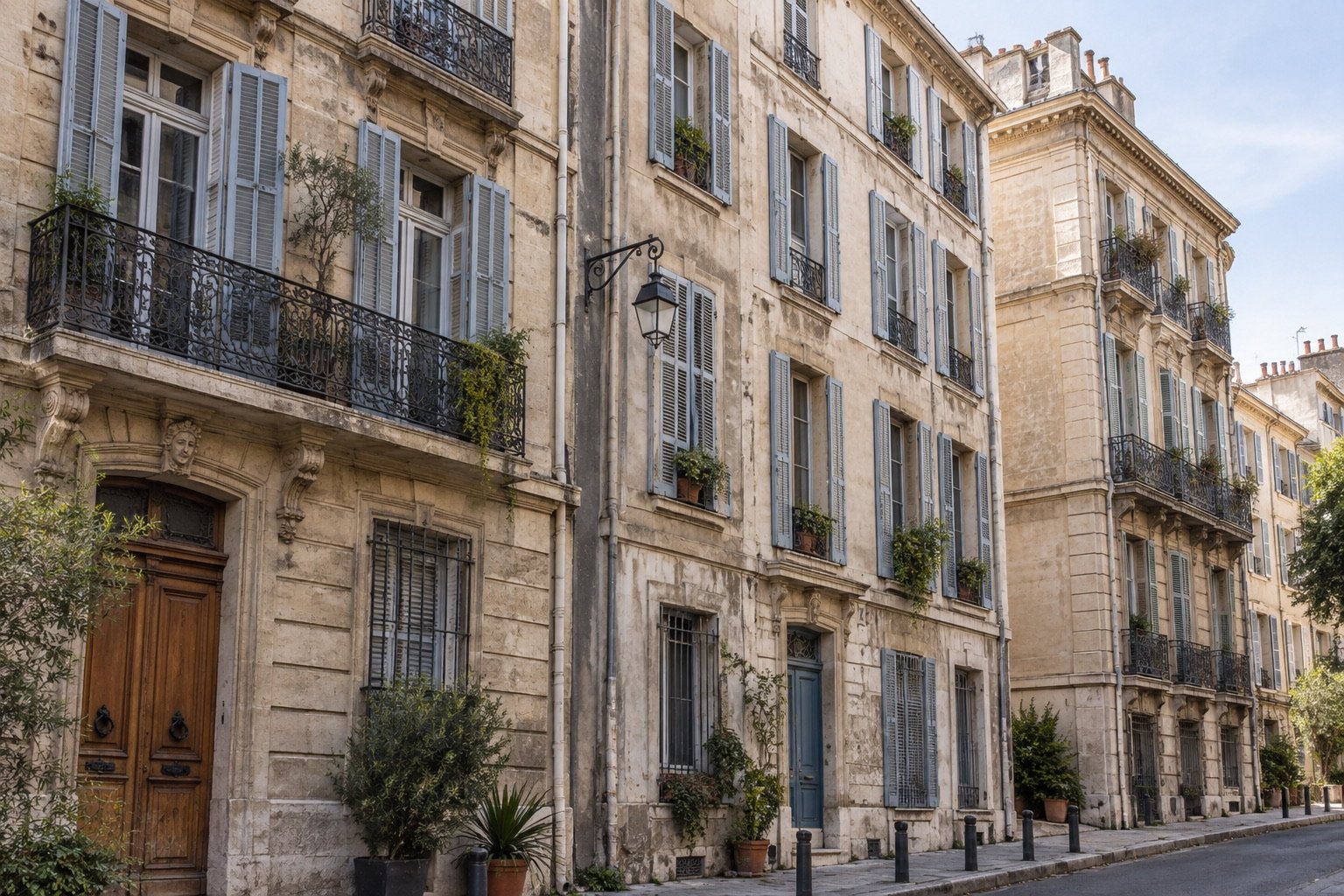 Illustration de façades en pierre et de balcons d’inspiration marseillaise
