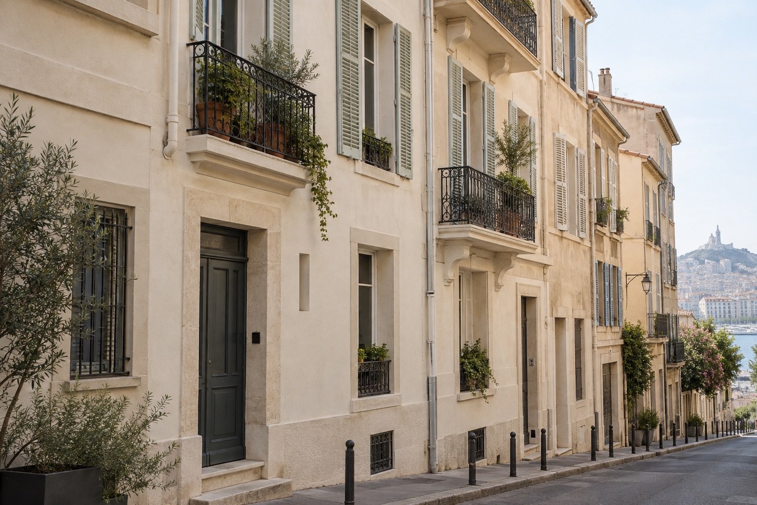 Illustration d’une façade claire rénovée d’inspiration marseillaise