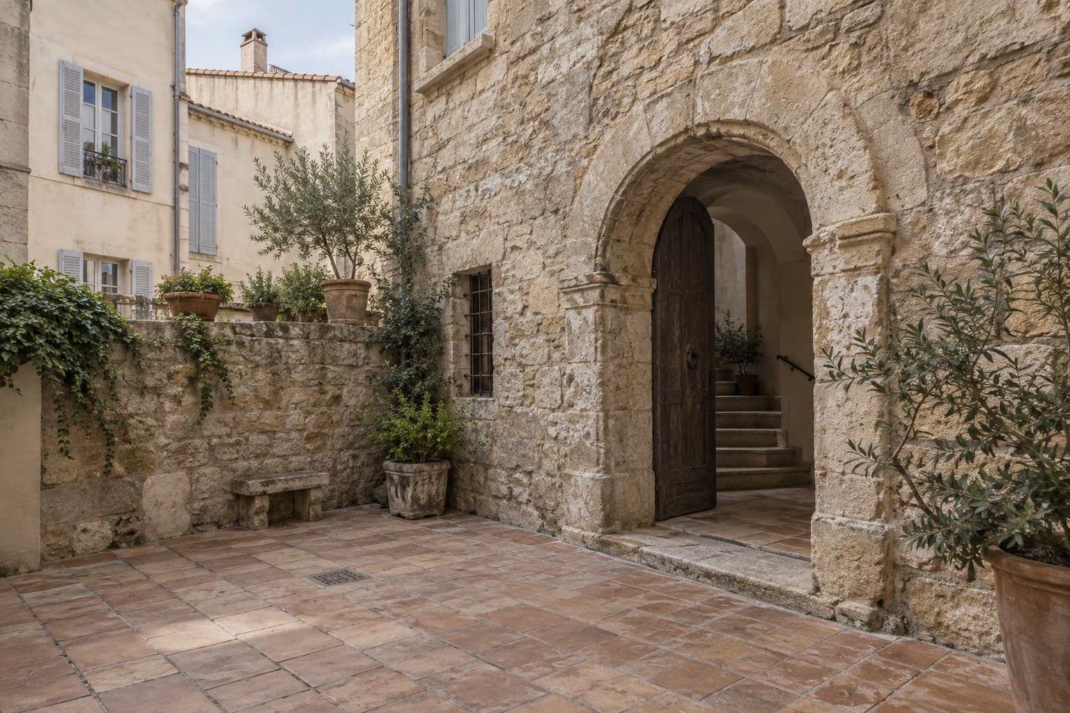 Illustration d’une cour et d’une arche en maçonnerie de pierre