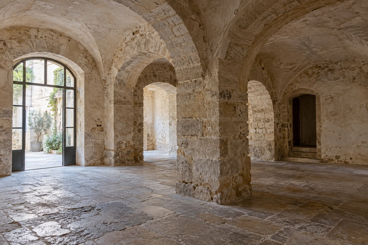 Illustration de voûtes et de piliers en pierre dans un bâtiment ancien