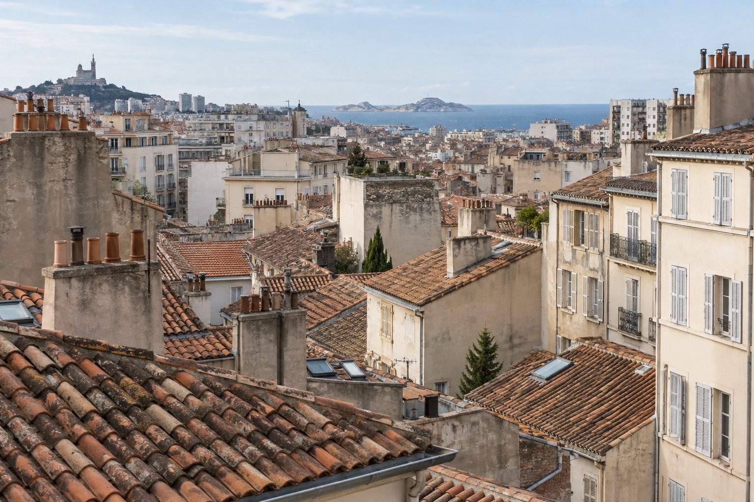 Illustration de toitures en tuiles dans un paysage urbain inspiré de Marseille