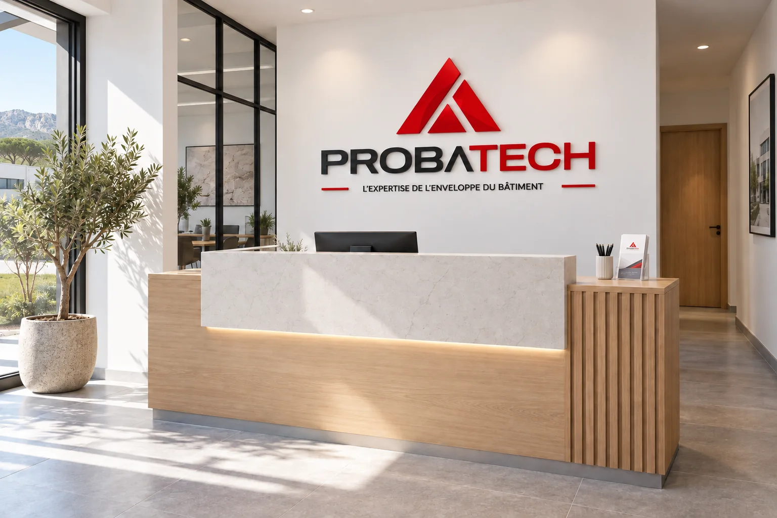 Projection d’un accueil de bureau PROBATECH avec comptoir et enseigne en relief