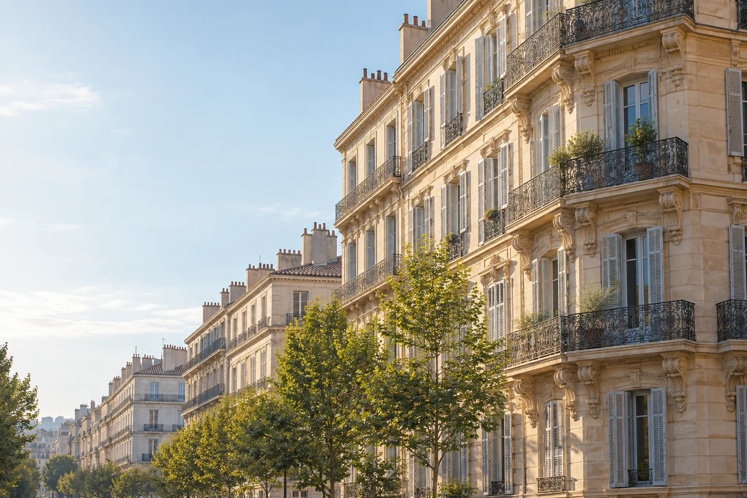 Illustration d’immeubles en pierre blonde et balcons en ferronnerie, d’inspiration marseillaise