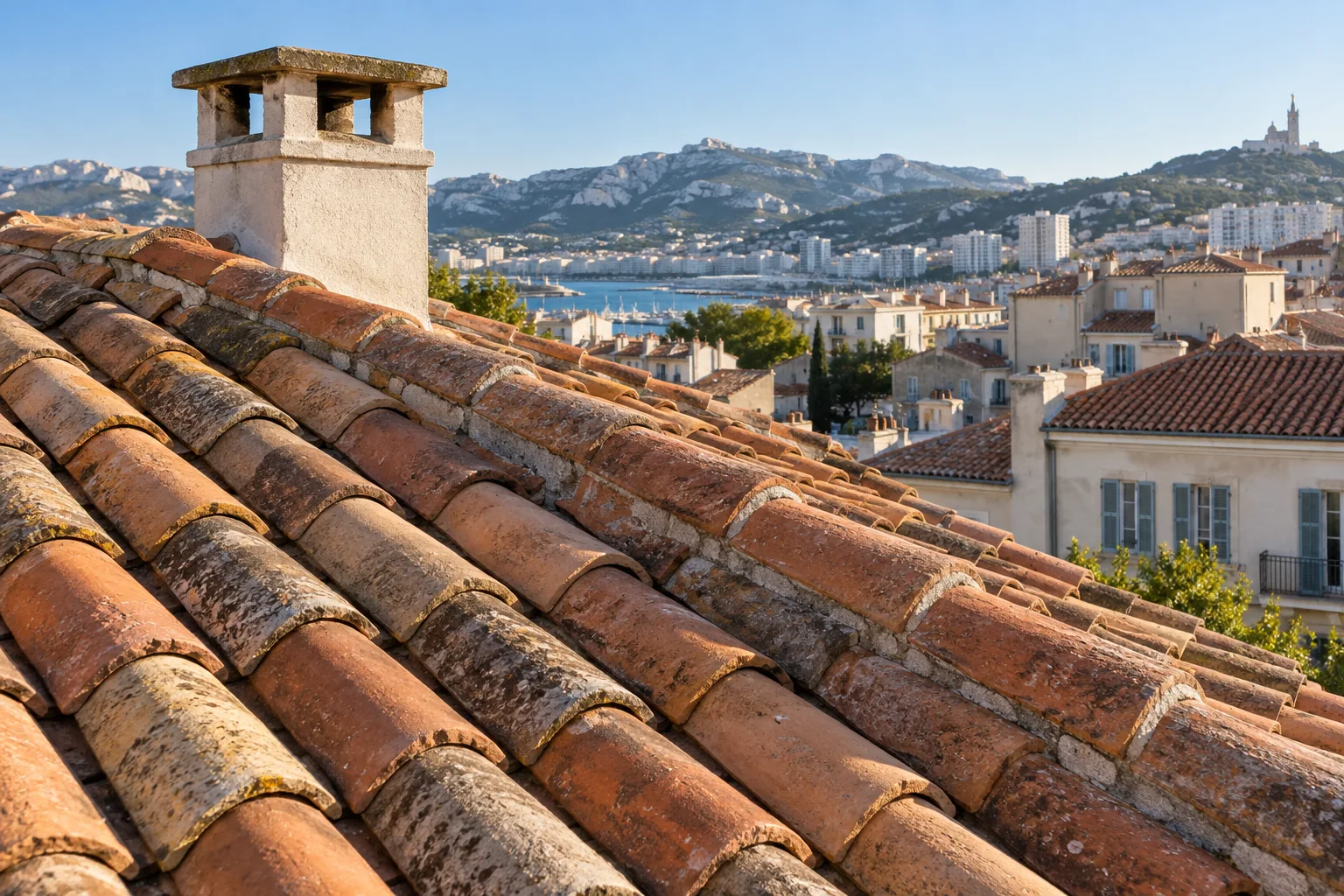 Illustration d’une toiture en tuiles de terre cuite sur une maison provençale